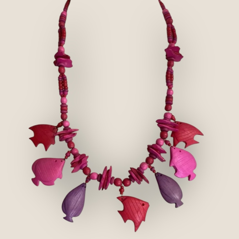Vintage Wooden Fish Charm Necklace Women Pink Red Purple